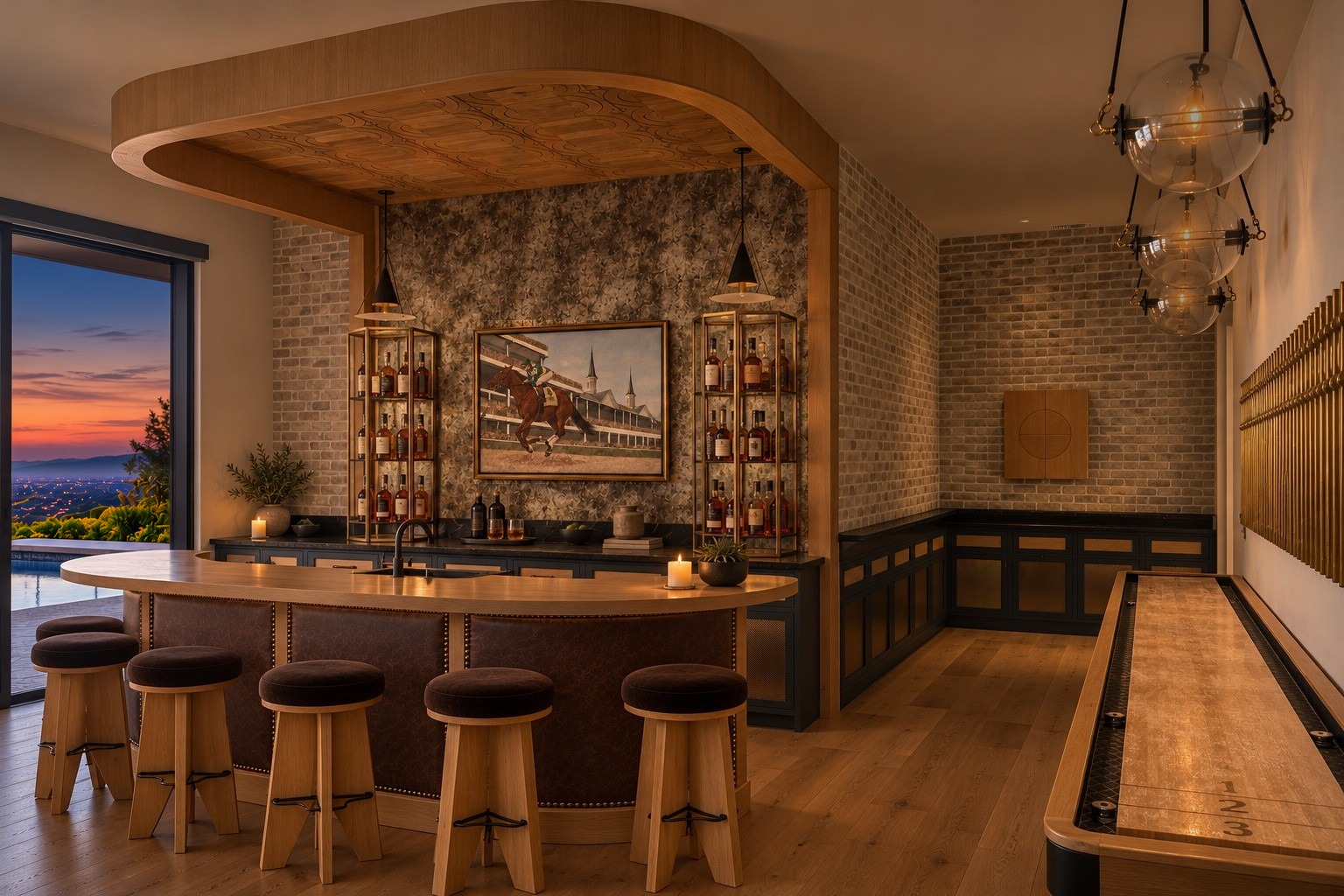 A bar at twilight with a carved oak canopy, warm brick, quiet antique mirror and two faceted brass and glass cabinets holding amber whiskey bottles. A framed equestrian painting hangs between them, above restrained counter accessories. Brown velvet stools face the leather-fronted bar; sunset shows through the left window.