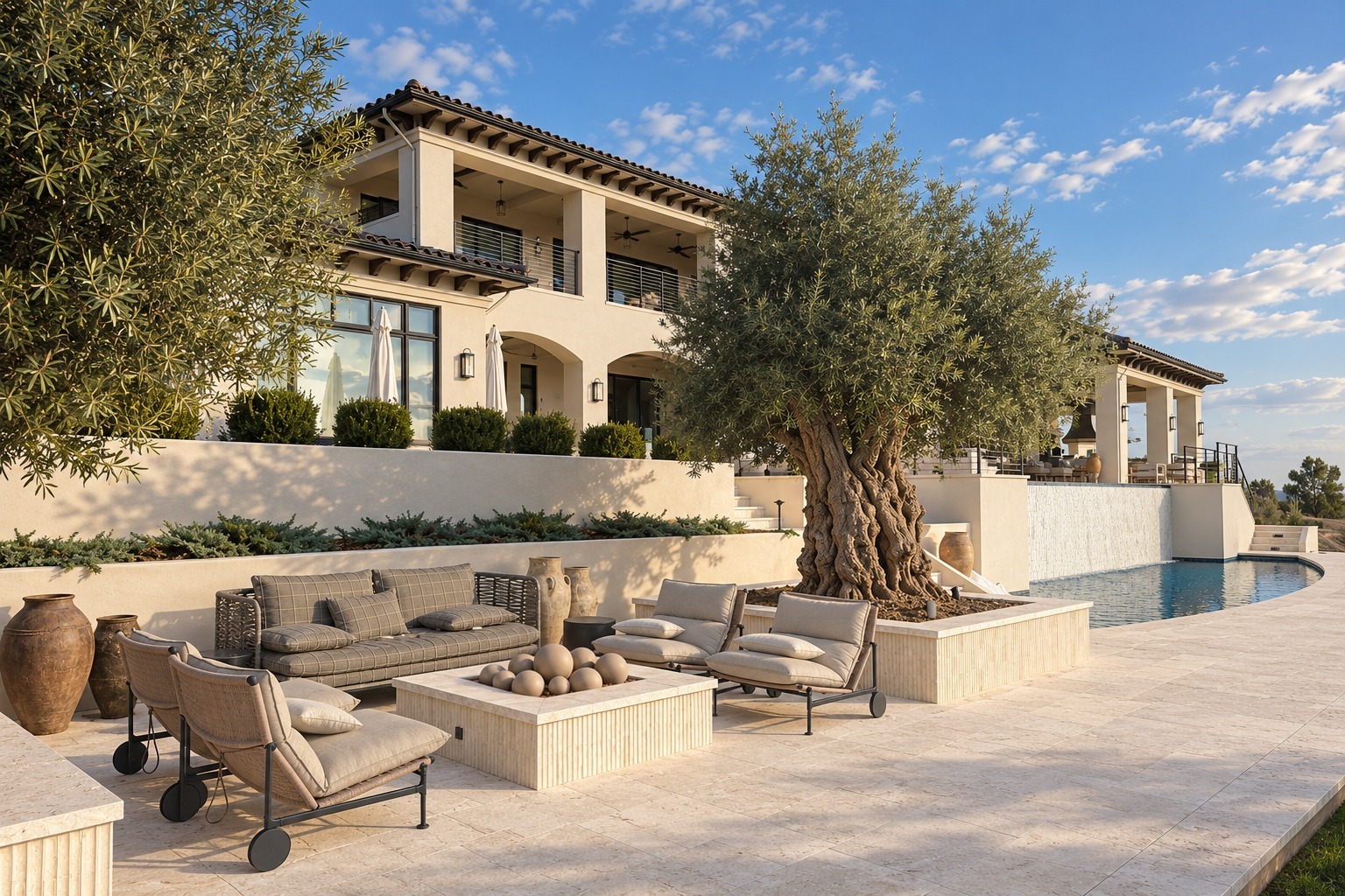 Four cushioned lounge chairs and a woven sofa surround an unlit stone fire table below plaster arches. Beside a mature olive, the elevated pool spills over a tall pale tiled wall into a curved lower pool.