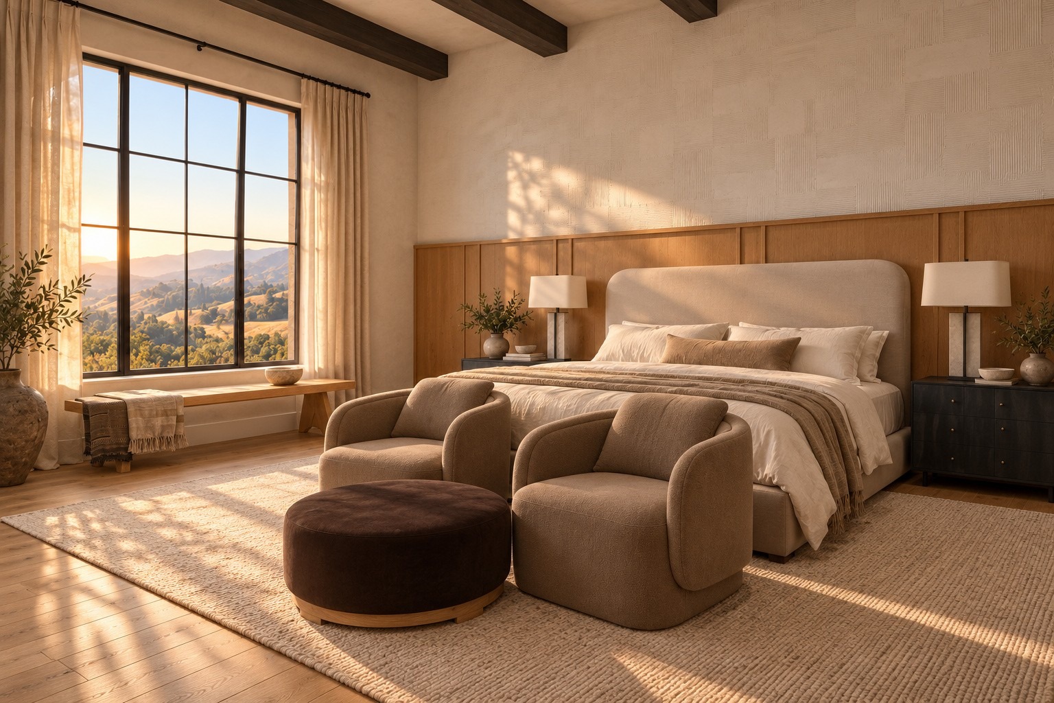 A bedroom with dark beams, pale oak paneling and cream bedding. A bench sits beneath a rectangular window framing open foothills; two curved taupe chairs face a round dark ottoman.