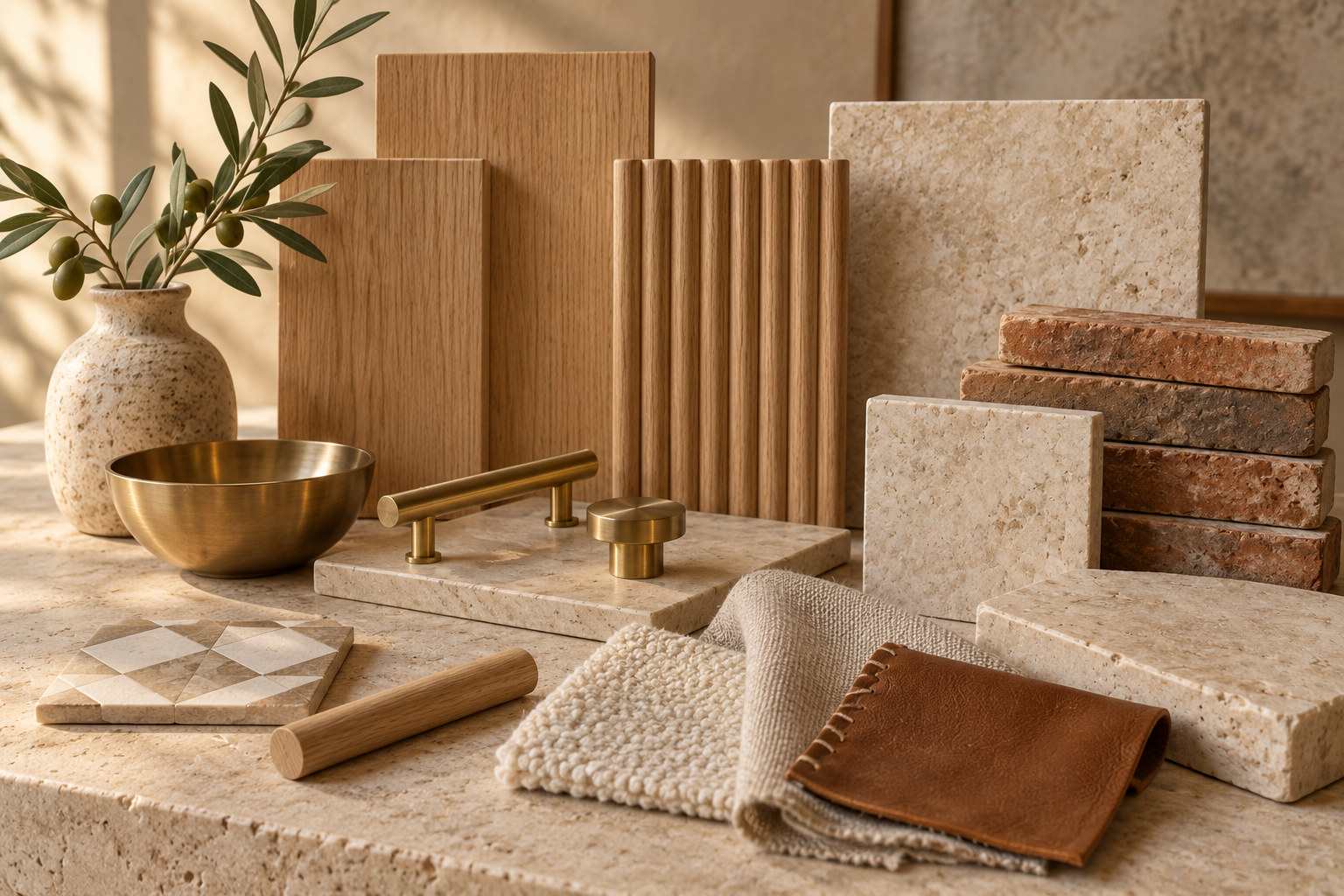 A material board with pale wood and fluted wood samples, brass hardware, light stone, warm brick, leather, textured fabrics, and a small geometric tile sample.