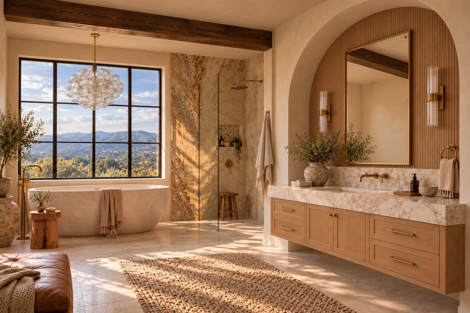 A stone tub beneath a rectangular window, with an unlit glass bubble chandelier against soft clouds and open foothills, beside a veined stone shower and arched oak vanity. The mirror reflects a quiet plaster wall and a separate overhead dark beam.
