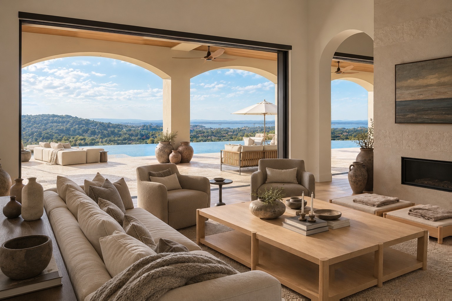A linen sofa and curved taupe chairs surround a broad oak table. Two low oak dog beds and layered earthenware pots sit beside the pale stone fireplace. Open sliders frame terrace seating, an infinity pool and California hills.