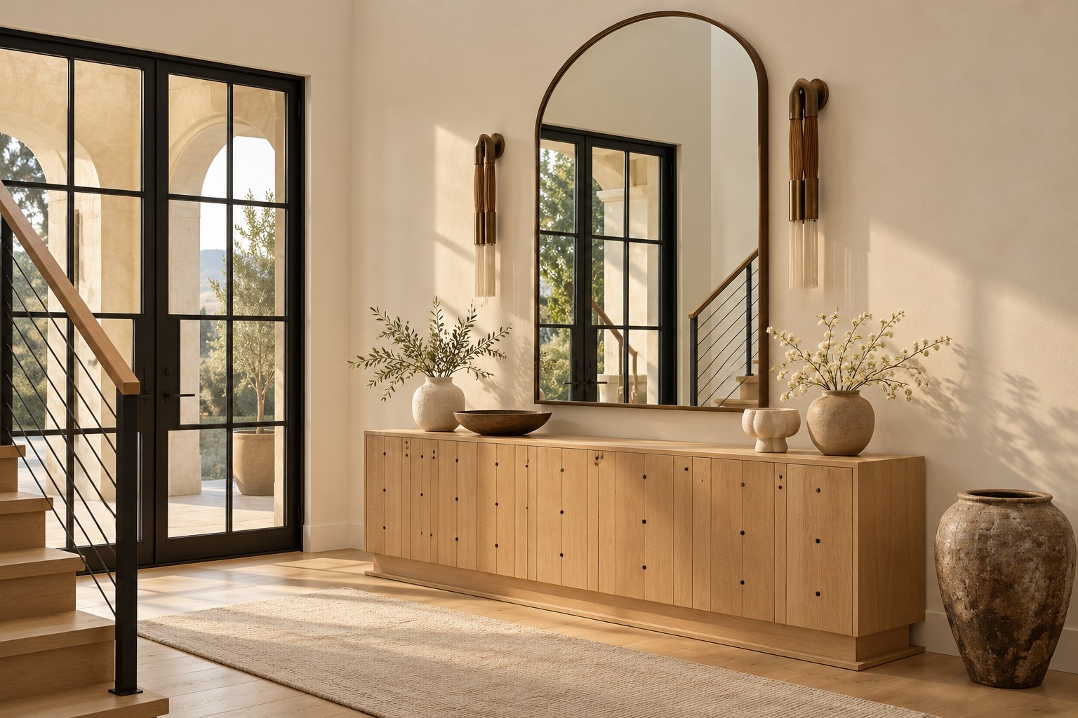 A pale oak cabinet with small dark round accents beneath a tall arched bronze mirror, flanked by elongated tasseled sconces, with an earthenware vessel beside black steel doors and an oak stair.