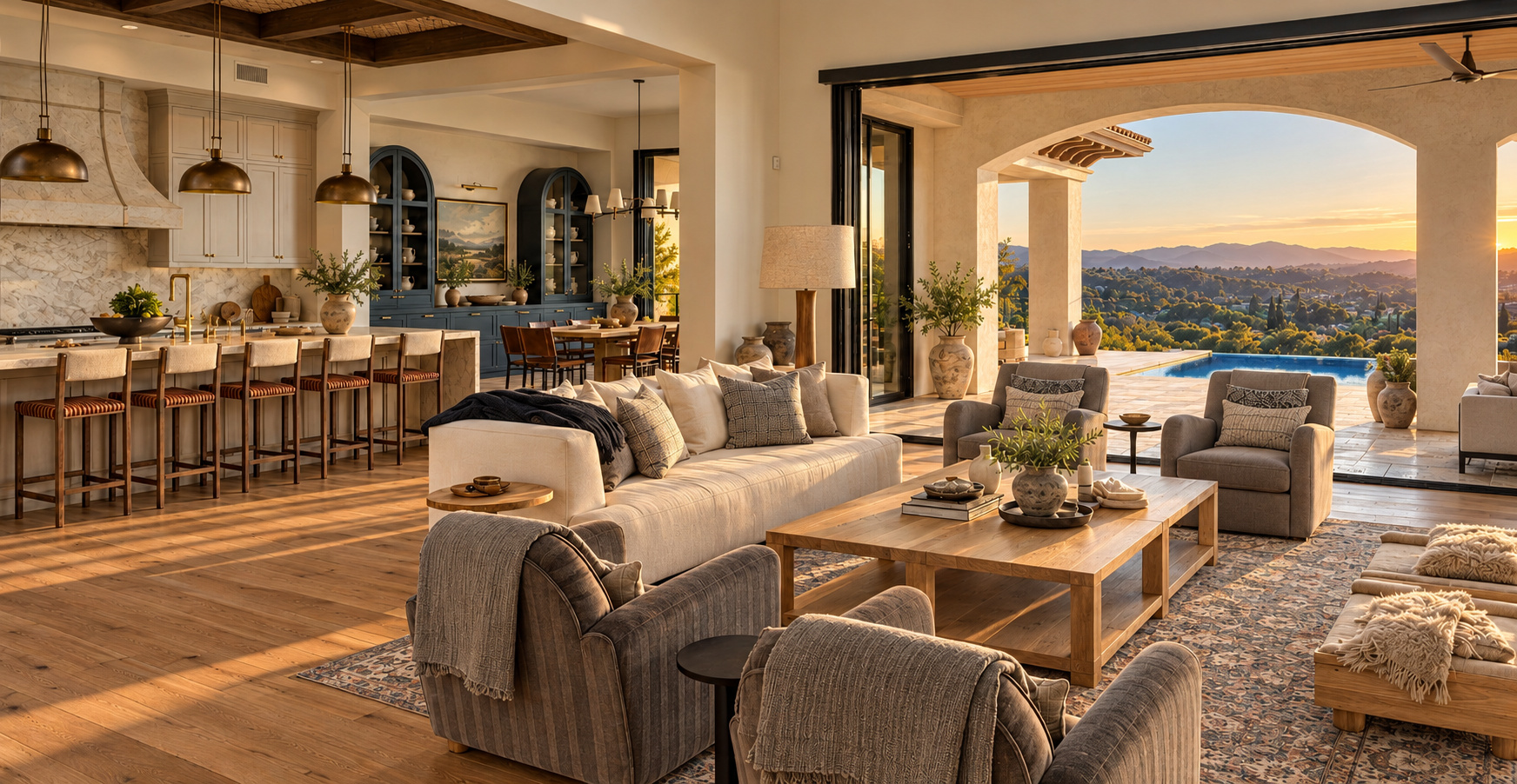 Golden-hour light fills an open kitchen, dining, and living space with timber beams, pale sofas, curved chairs, and dark-framed doors opening through a veranda with a wood ceiling toward a pool and golden hills.
