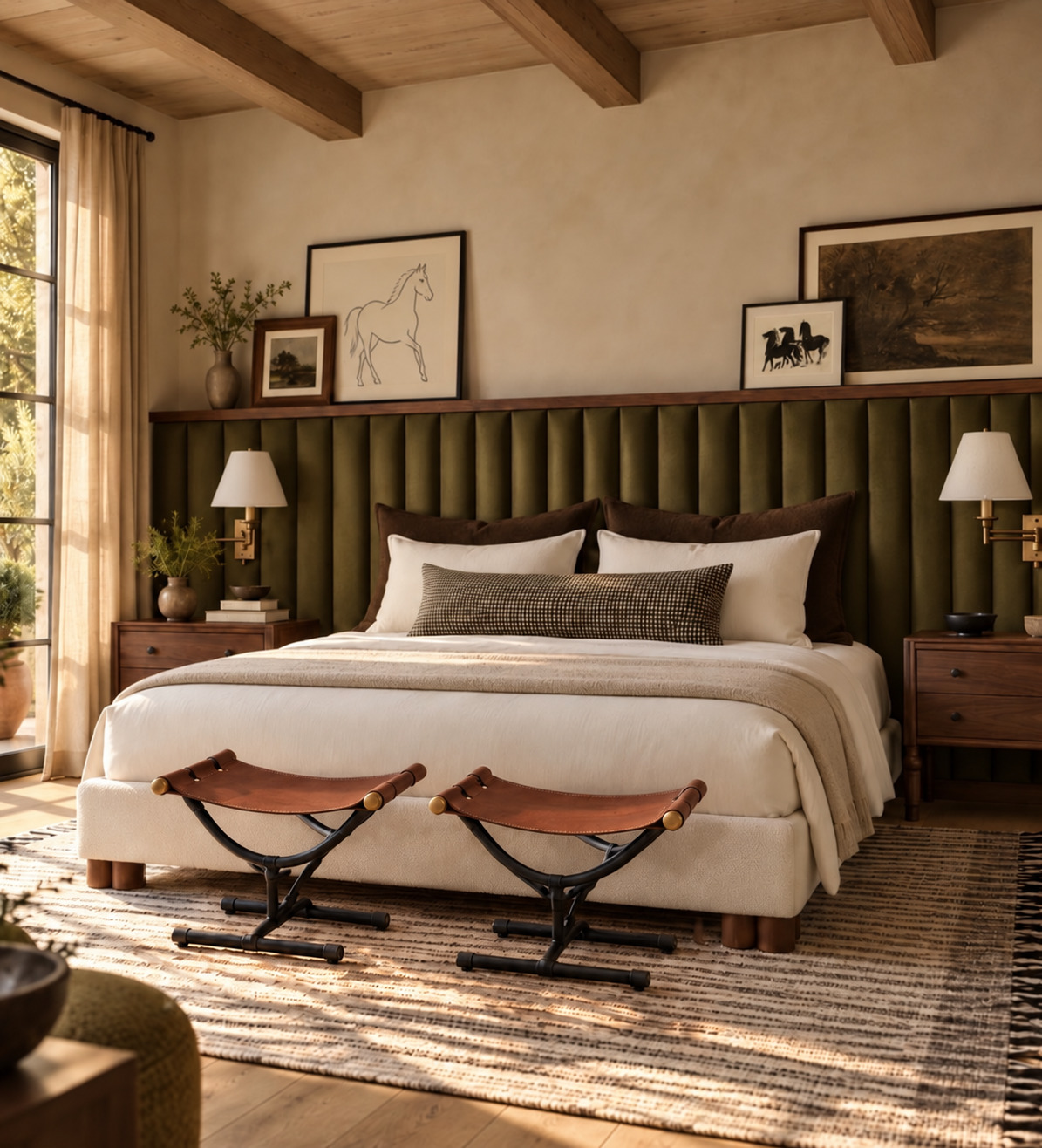 A bedroom with olive upholstered wall panels, layered equestrian artwork, pale bedding, wooden bedside furniture, and paired leather sling stools beneath exposed ceiling beams.