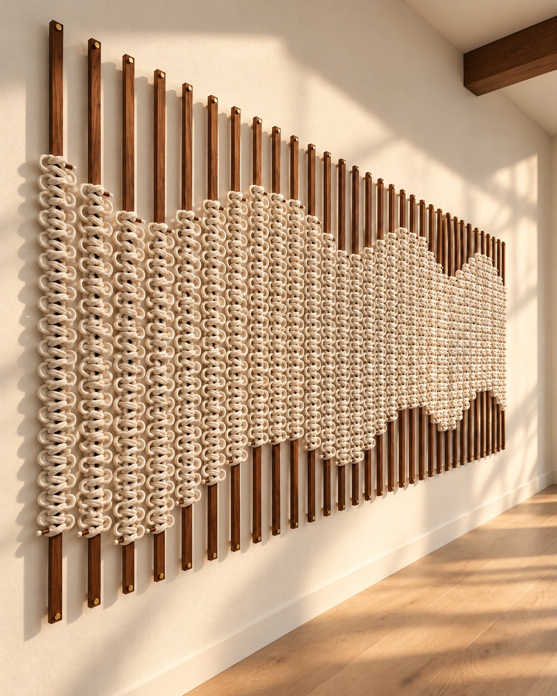 Cream rope loops form an undulating pattern across slim walnut strips with brass pins, casting delicate shadows on a sunlit plaster wall.