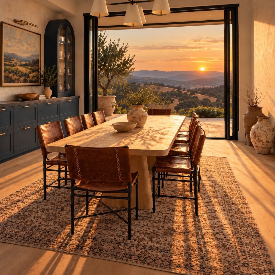 A sunlit dining room with a long wooden table, leather chairs, a patterned rug, and dark cabinetry, opening onto a terrace overlooking oak-studded foothills.